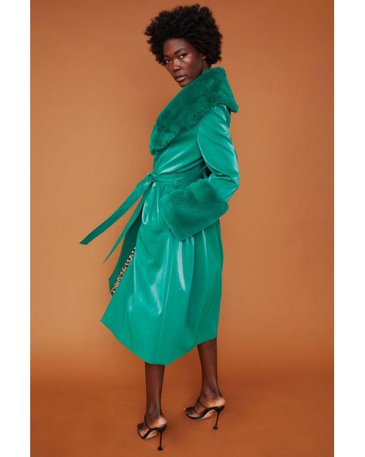 Jayley Green Trench Style Belted Coat With Faux Fur Cuffs And Collar S