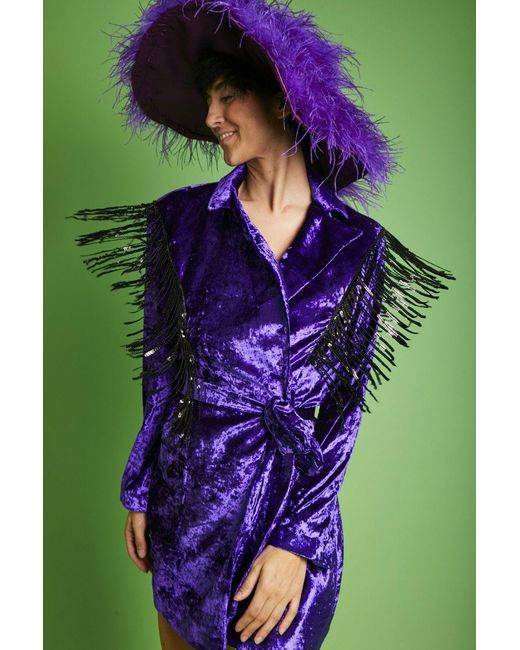 Jayley Green Crushed Velvet Blazer Dress With Sequin Tassels Size: S