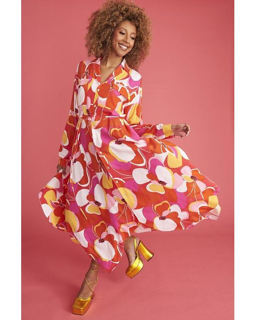 Jayley Red Florence Floral Shirt Dress