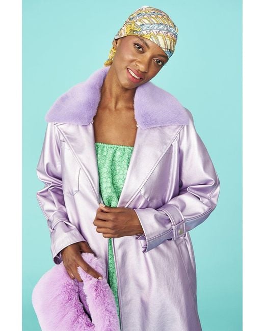 Jayley Green Lilac Faux Suede Metallic Maxi Trench Coat