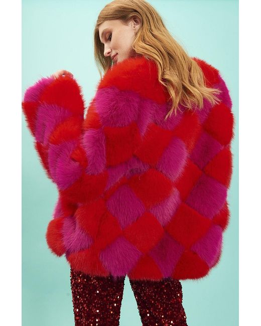 Jayley Red Delilah Diamond Faux Fur Jacket