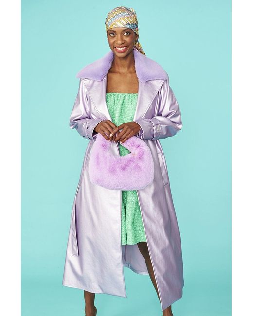 Jayley Green Lilac Faux Suede Metallic Maxi Trench Coat