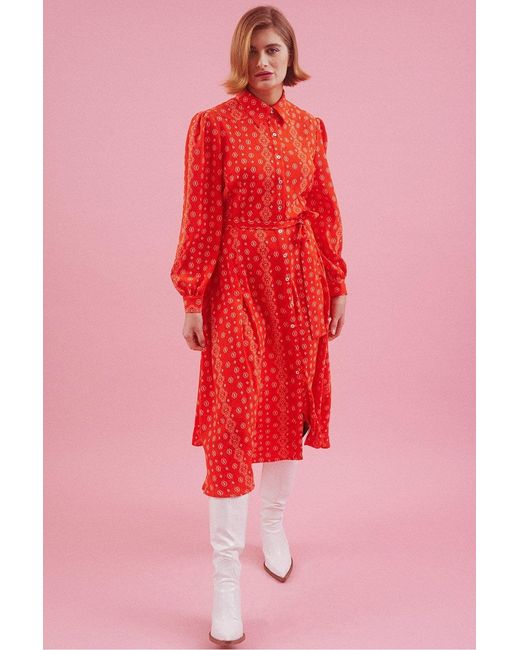 Jayley Red Eco Silk Midi Metallic Shirt Dress