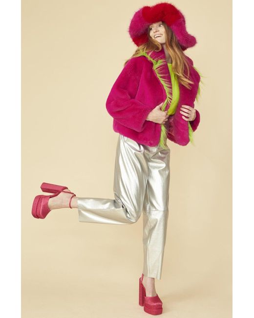 Jayley Pink Cropped Knitted Faux Fur Jacket