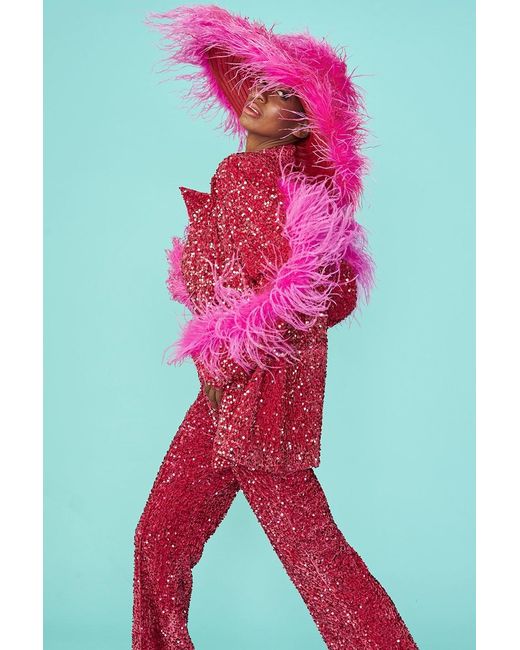 Jayley Red Sequin Feather Trim Blazer