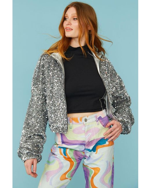 Jayley Gray Sequin Cropped Biker Jacket