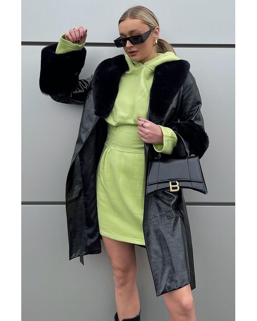 Jayley Green Luxury Faux Leather Aubrey Coat With Detachable Faux Fur