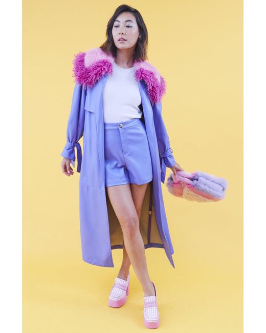 Jayley Blue Eco Leather Faux Fur Collar Trench Coat