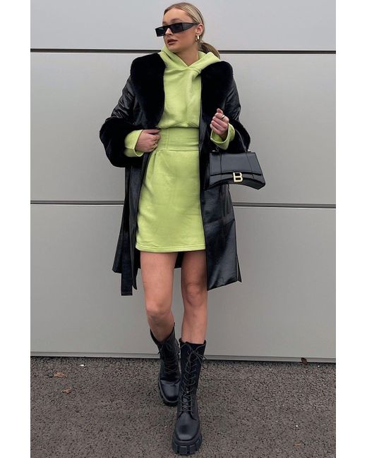 Jayley Green Luxury Faux Leather Aubrey Coat With Detachable Faux Fur