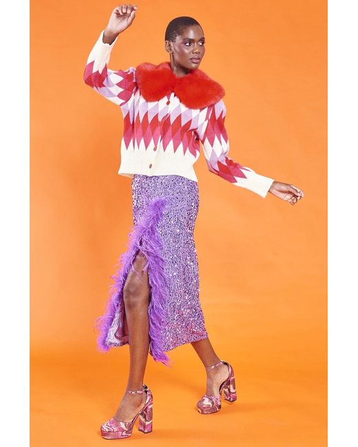 Jayley Diamond Design Banana Peel Cardigan Multi-Coloured With Faux Fu