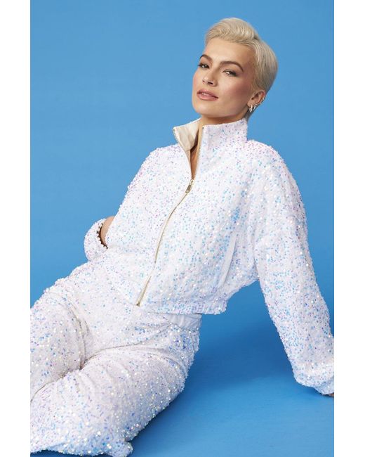 Jayley Blue Sequin Cropped Biker Jacket