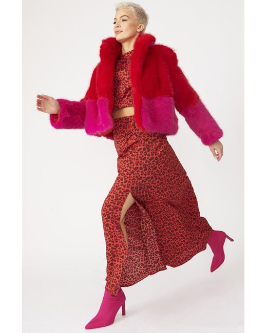 Jayley Red Bamboo Faux Fur Two Tone Double Cropped Coat
