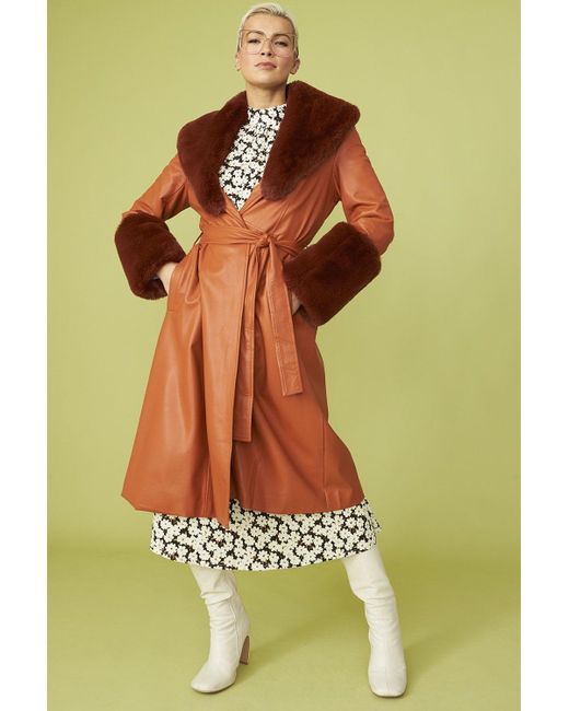 Jayley Green Trench Style Belted Coat With Faux Fur Cuffs And Collar S