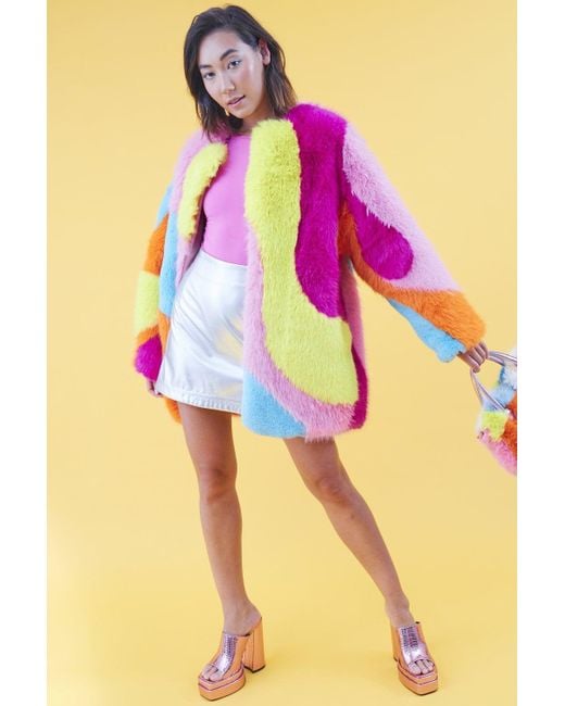 Jayley Orange Faux Fur Multi-Coloured Coat