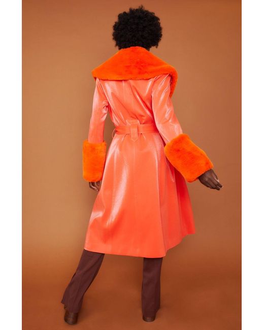 Jayley Orange Trench Style Belted Coat With Faux Fur Cuffs And Collar