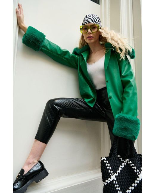 Jayley Green Faux Leather Jacket With Faux Fur Collar And Faux Fur Cuf