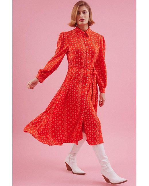 Jayley Red Eco Silk Midi Metallic Shirt Dress