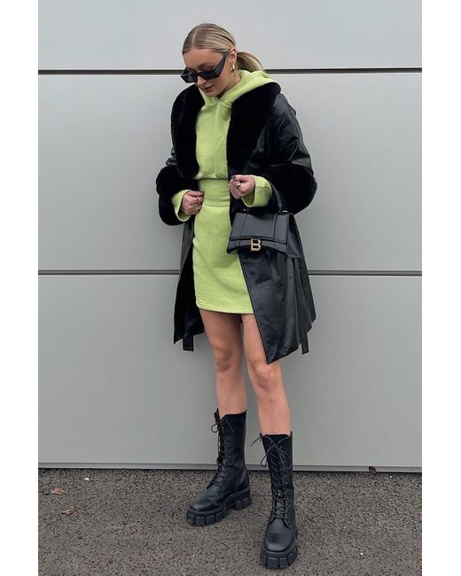 Jayley Green Luxury Faux Leather Aubrey Coat With Detachable Faux Fur