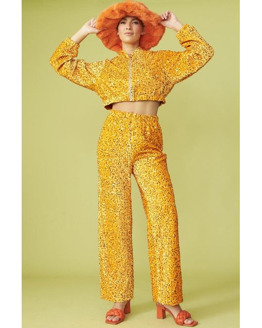 Jayley Yellow Sequin Trousers With Elasticated Waste