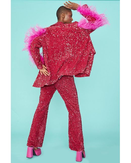 Jayley Red Sequin Feather Trim Blazer
