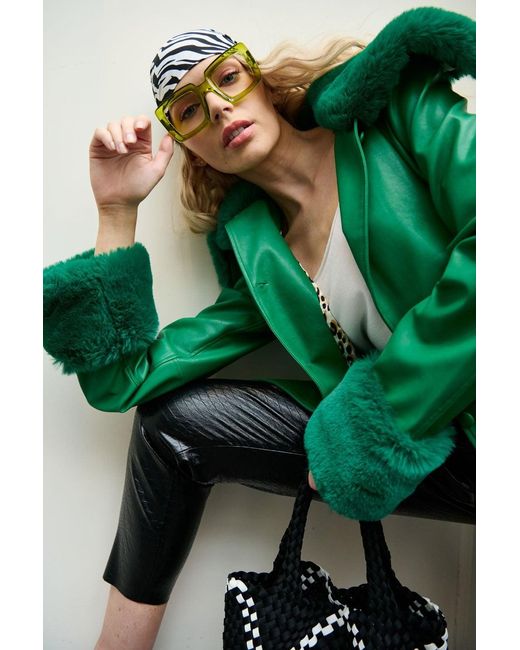Jayley Green Faux Leather Jacket With Faux Fur Collar And Faux Fur Cuf
