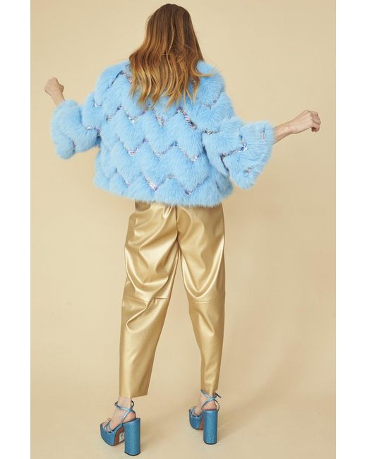 Jayley Blue Bamboo Sequin Eco Faux Fur Coat