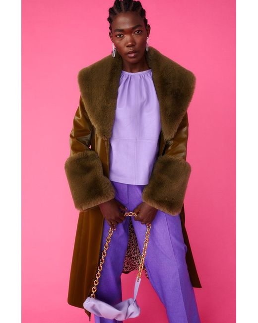 Jayley Pink Faux Suede Trench Coat With Detachable Faux Fur Collar &A