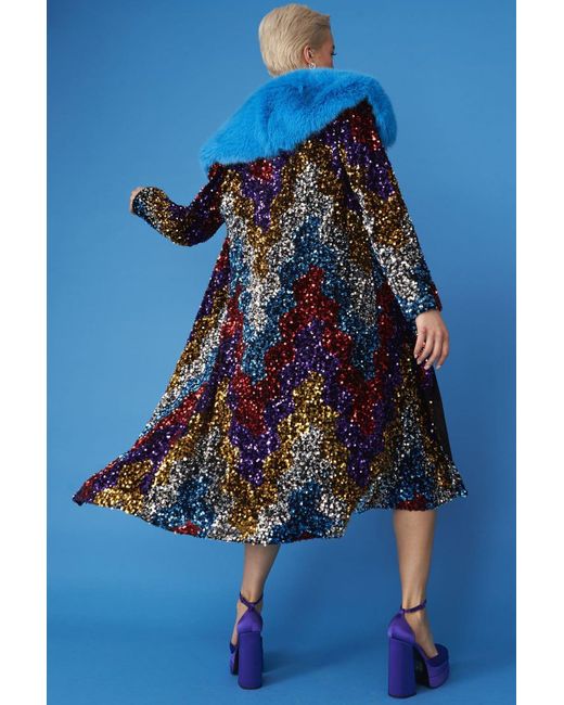 Jayley Blue Multi Coloured Sequin Trench Coat With Removable Faux Fur