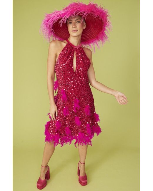Jayley Pink Sequin And Feather Halter Dress With Key Hole Detail Size