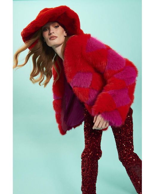 Jayley Red Delilah Diamond Faux Fur Jacket