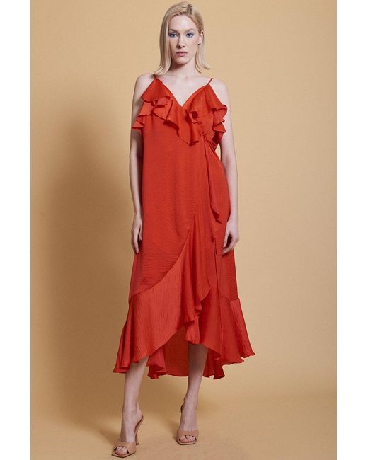 Jayley Red Silk Blend Maxi Wrap Ruffle Dress