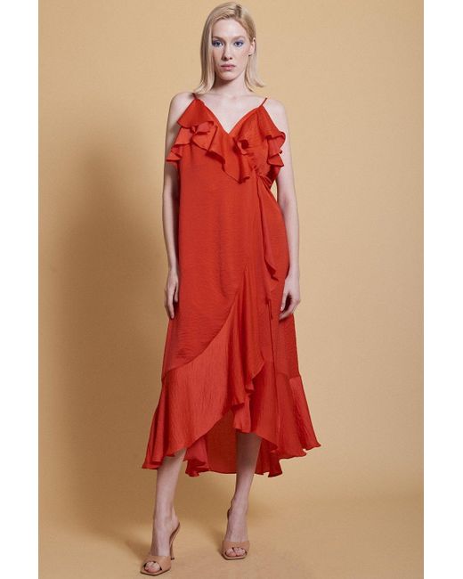 Jayley Red Silk Blend Maxi Wrap Ruffle Dress