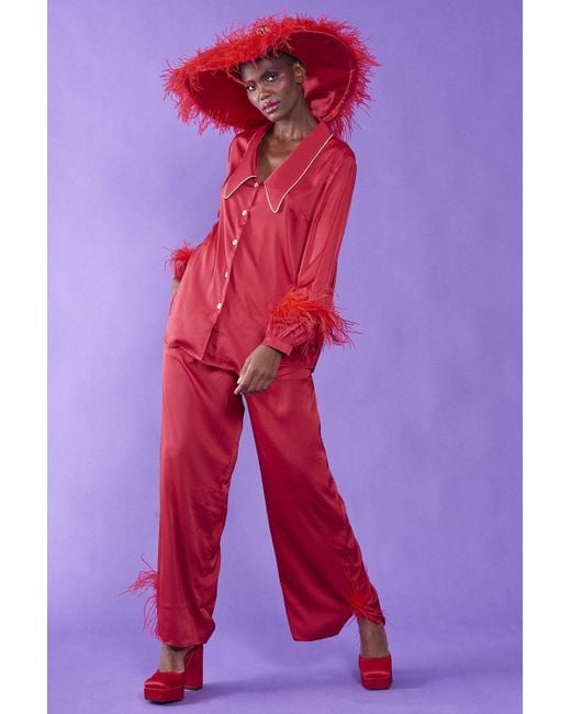 Jayley Red Silk Pyjamas With Feather Trim