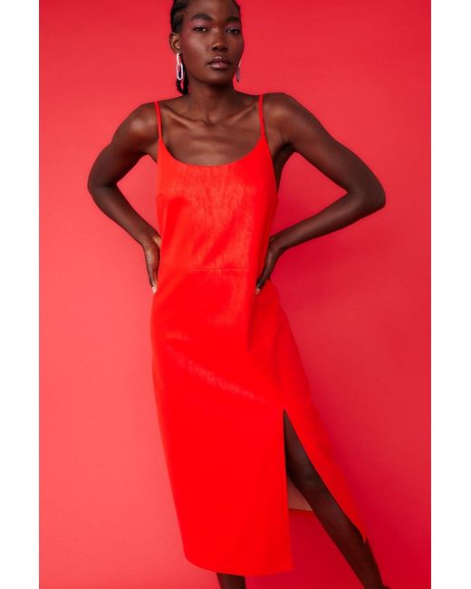 Jayley Red Midi Cami Style Pencil Dress With Split