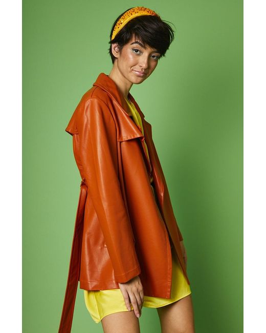 Jayley Green Eco Leather Midi Trench Coat