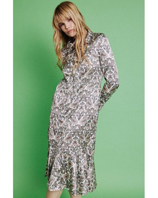 Jayley Green Silk Blend Paisley Print Shirt Dress