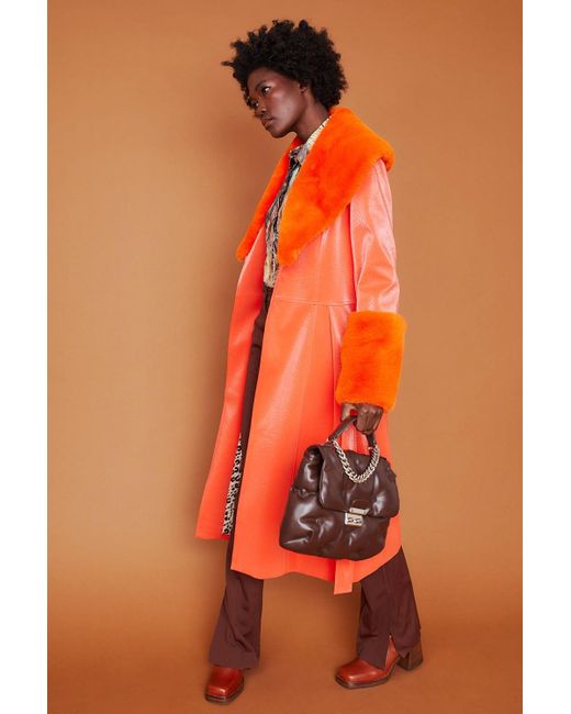 Jayley Orange Trench Style Belted Coat With Faux Fur Cuffs And Collar