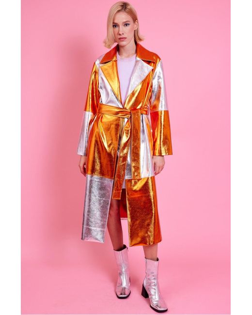 Jayley Pink Metallic Hand Cut Patchwork Trench Coat