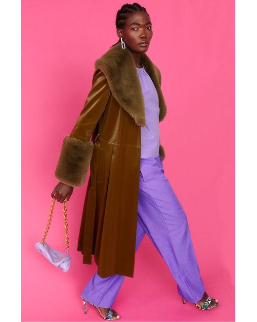 Jayley Pink Faux Suede Trench Coat With Detachable Faux Fur Collar &A