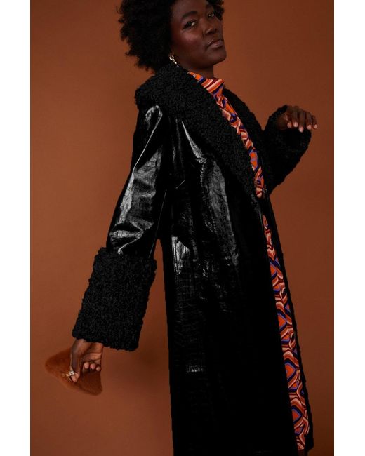 Jayley Black Faux Suede Coat With Detachable Faux Shearling Cuffs &Amp