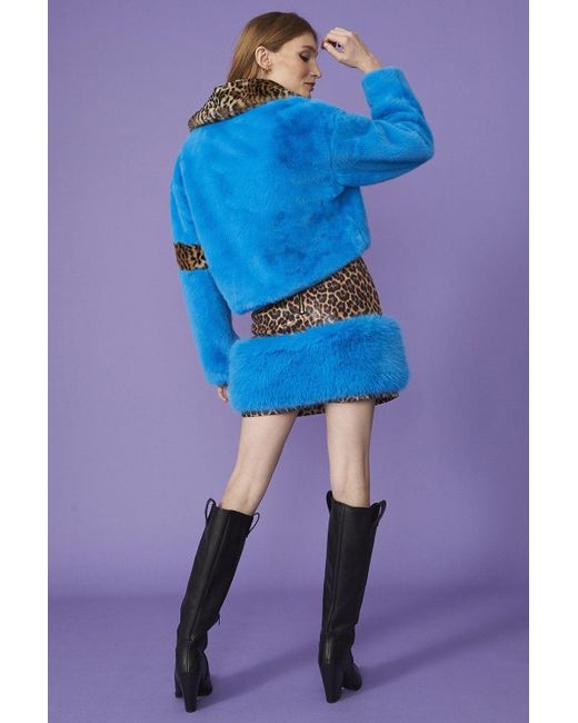 Jayley Blue Cropped And Leopard Print Faux Fur Coat