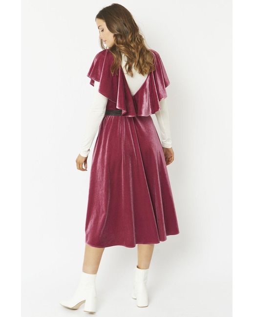 Jayley Red Frill Front Velvet Skater Midi Dress