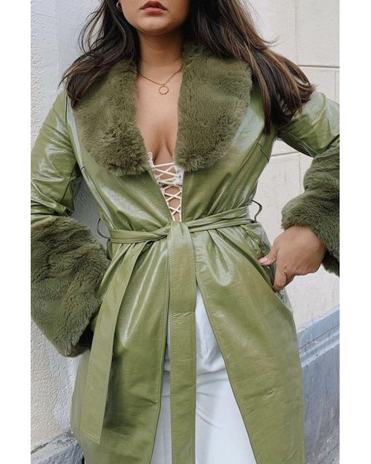 Jayley Green Faux Suede Alina Midi Coat With Faux Fur Cuffs And Collar