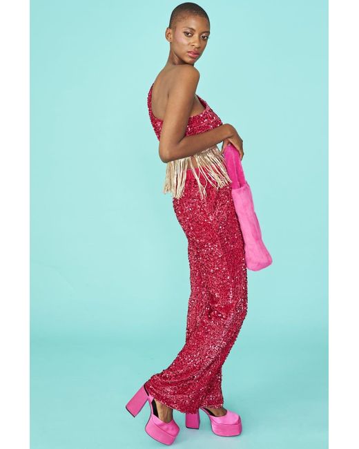 Jayley Pink Sequin One Shoulder Cropped Top With Sequin Tassels Size