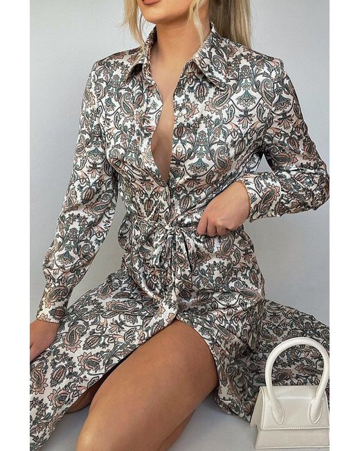 Jayley Green Silk Blend Paisley Print Shirt Dress