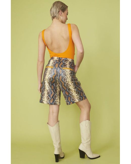 Jayley Yellow Banana Peel Eco Leather Mixed Print Shorts