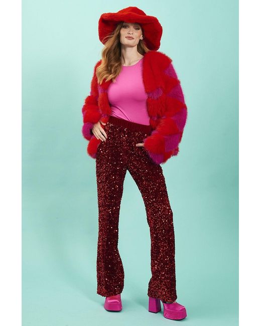Jayley Red Delilah Diamond Faux Fur Jacket