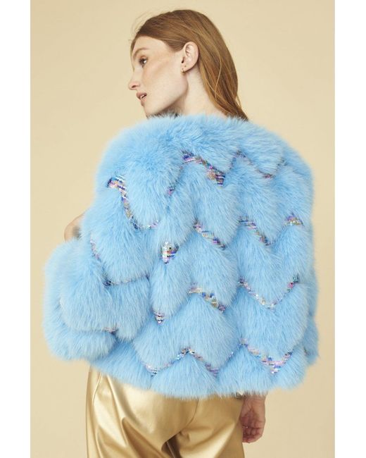 Jayley Blue Bamboo Sequin Eco Faux Fur Coat