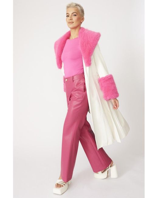 Jayley Pink Trench Style Belted Coat With Faux Fur Cuffs And Collar Si