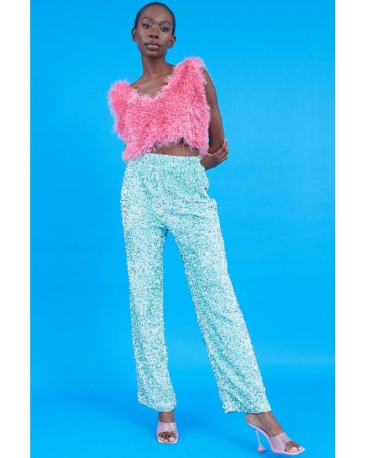 Jayley Blue Mint Sequin Trousers With Elasticated Waste